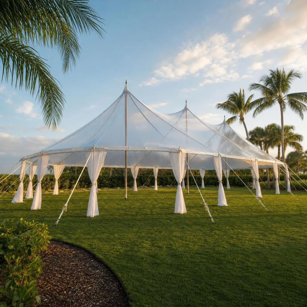 A traditional pole tent set up on a grassy field with sweeping peaks