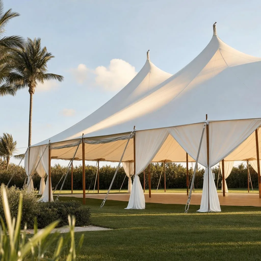 A premium sailcloth tent with translucent fabric glowing gently in the light
